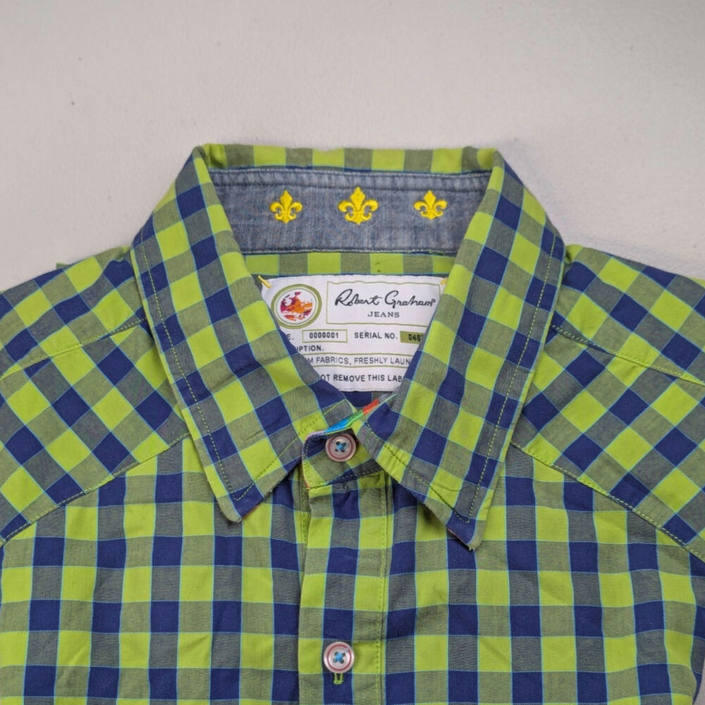 Robert Graham Shirt Green Blue Plaid Gingham Bright Bold Loud Western Large
